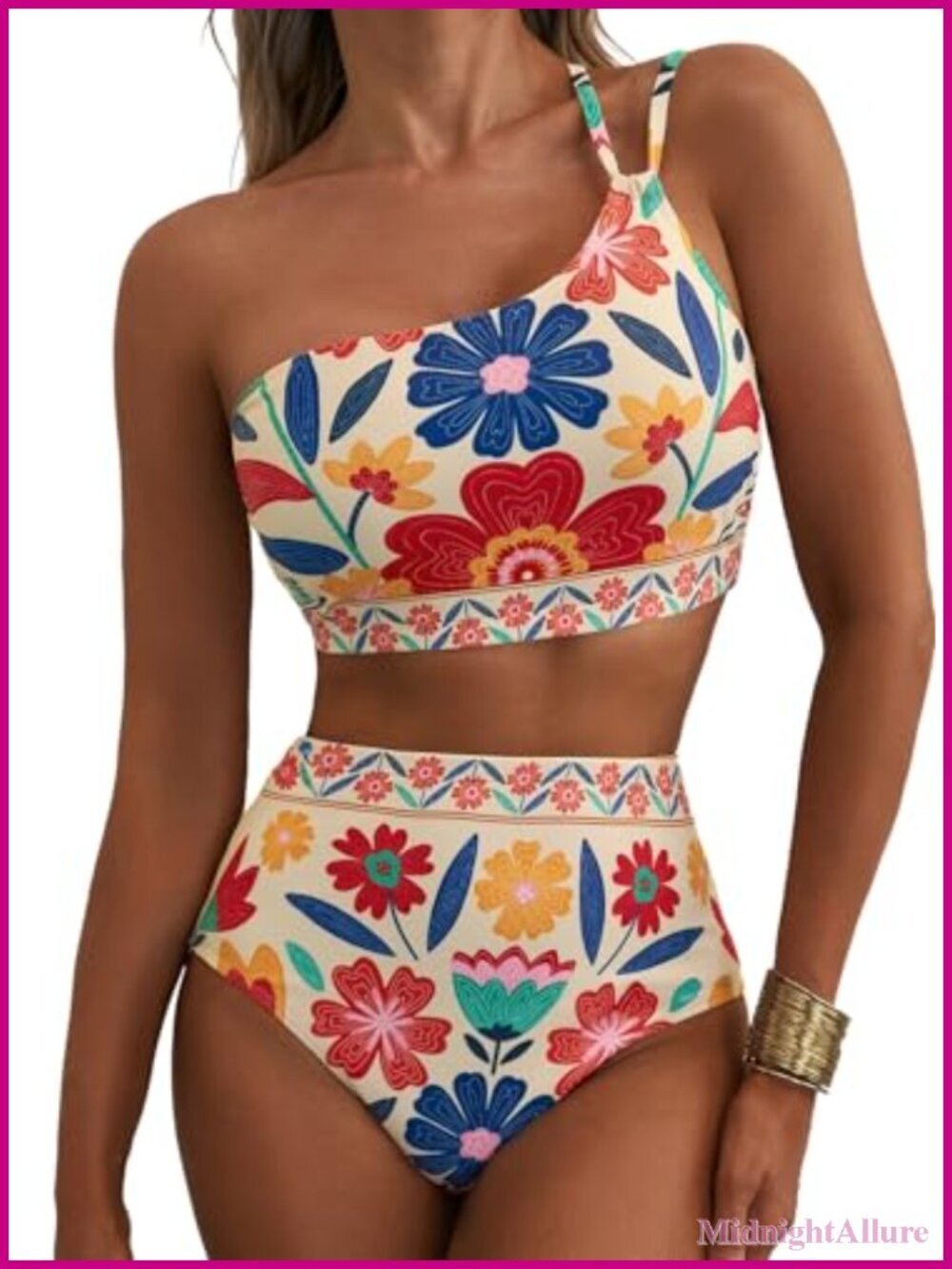 Women's High Waisted Floral Print One Shoulder Bikini Set